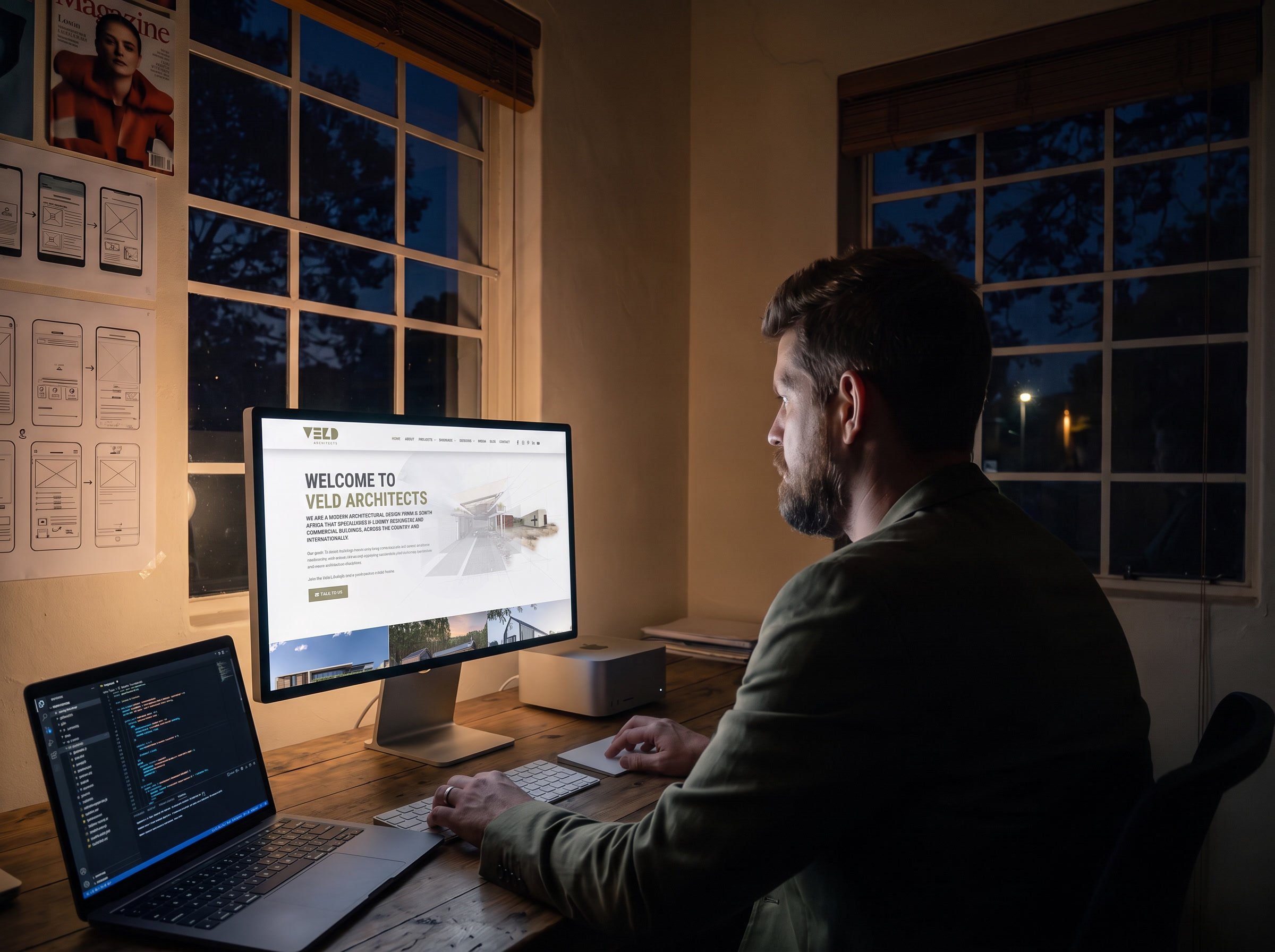 Will Derman at his desk in the studio at night, seen from behind and lit only by the screen, with the Veld Architects website open in a browser window beside a code editor, and a wall of pinned wireframes catching the edge of the light.