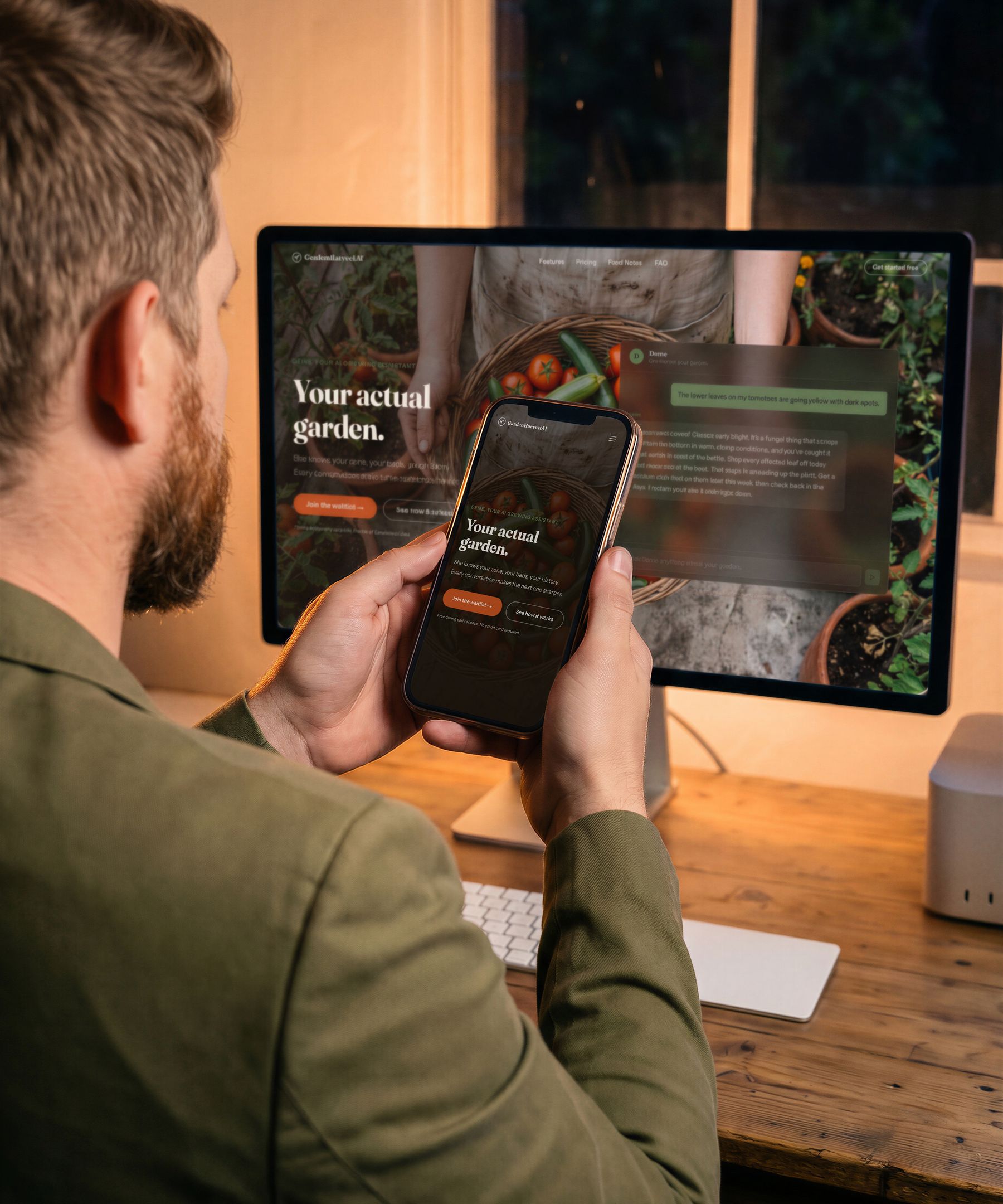A man seen from behind at a desk in the evening, wearing an olive-green jacket, holding a phone in both hands. The phone shows the GardenHarvestAI home page: the logo, a photograph of a basket of tomatoes and courgettes, and the heading Your actual garden. On the large display behind him is the same page at desktop width, with a chat panel open beside it.