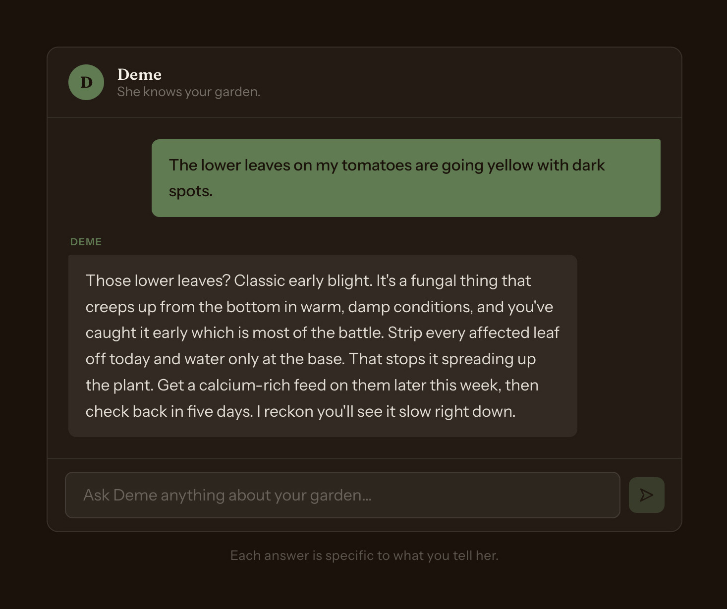A dark chat panel headed Deme, she knows your garden. A gardener has asked why the lower leaves on their tomatoes are going yellow with dark spots, and Deme’s reply diagnoses early blight and gives four things to do about it. A message box below reads Ask Deme anything about your garden.