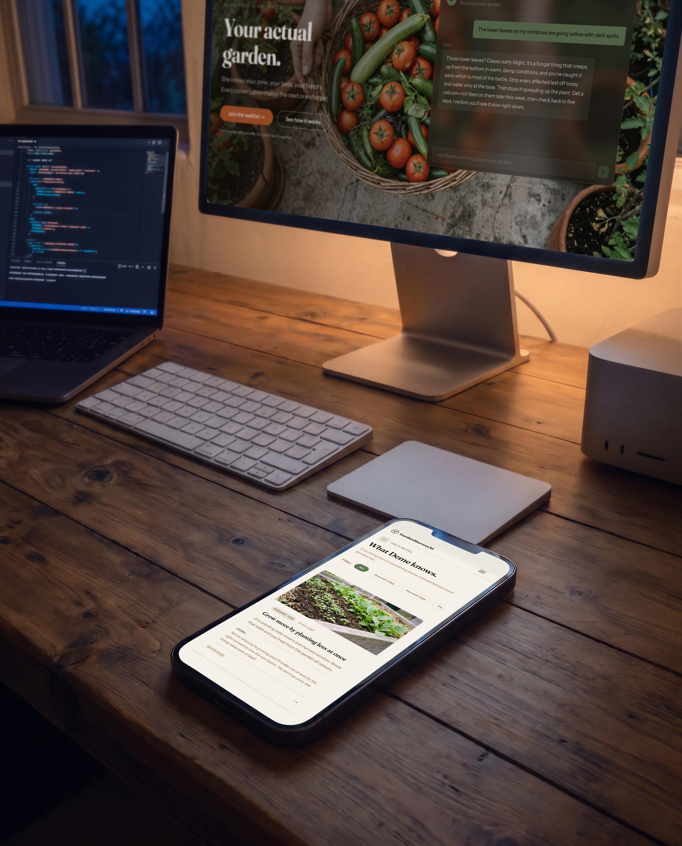 A timber desk at dusk carrying the site at three sizes: a large display showing the GardenHarvestAI home page with Deme answering a question about yellowing tomato leaves, a laptop open on code beside it, and a phone lying flat on the wood showing the Field Notes page.