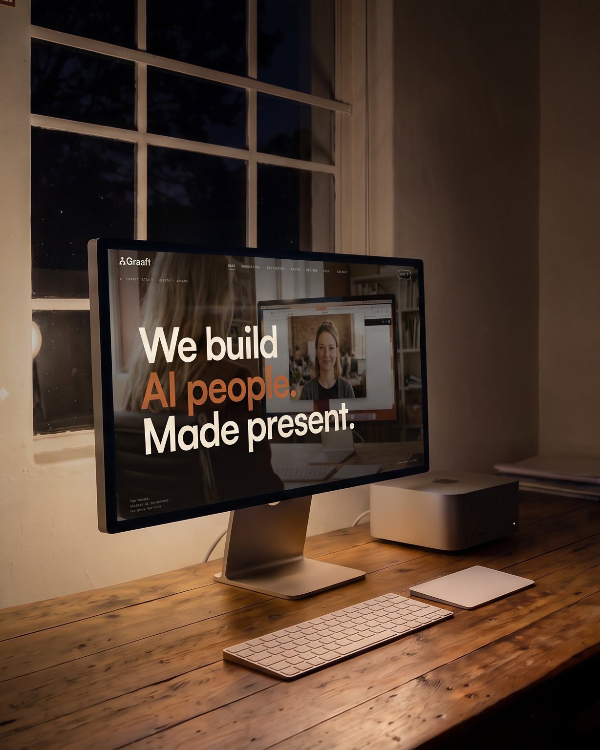 The studio at night: a large display on a timber desk showing the Graaft home page and its promise, we build AI people, made present, with a keyboard and trackpad in front and a dark window behind.