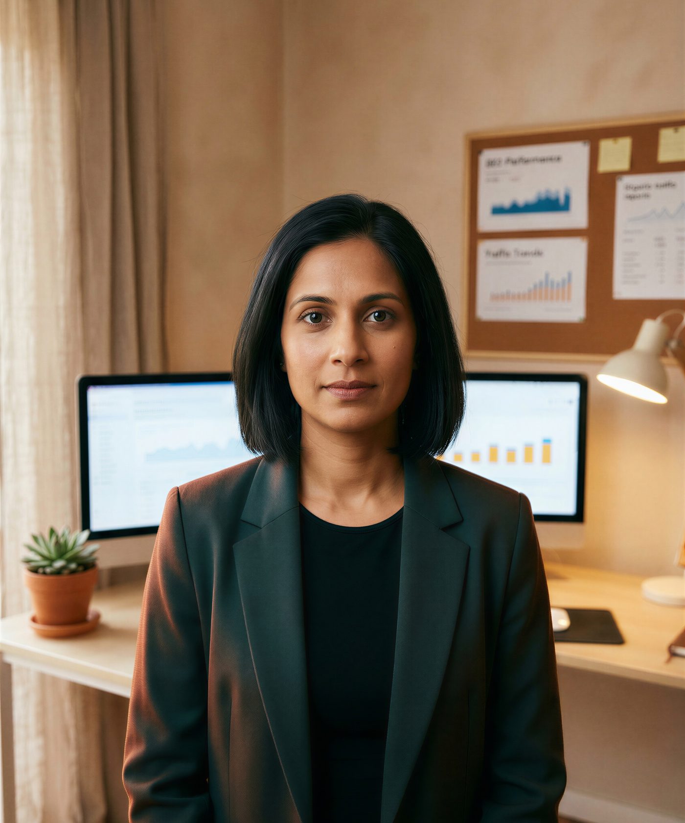 A portrait of Priya, the studio’s SEO specialist, who is not a real person: a woman in a dark blazer standing in a home office in front of two monitors showing charts, a corkboard of printed reports, a desk lamp and a small plant.