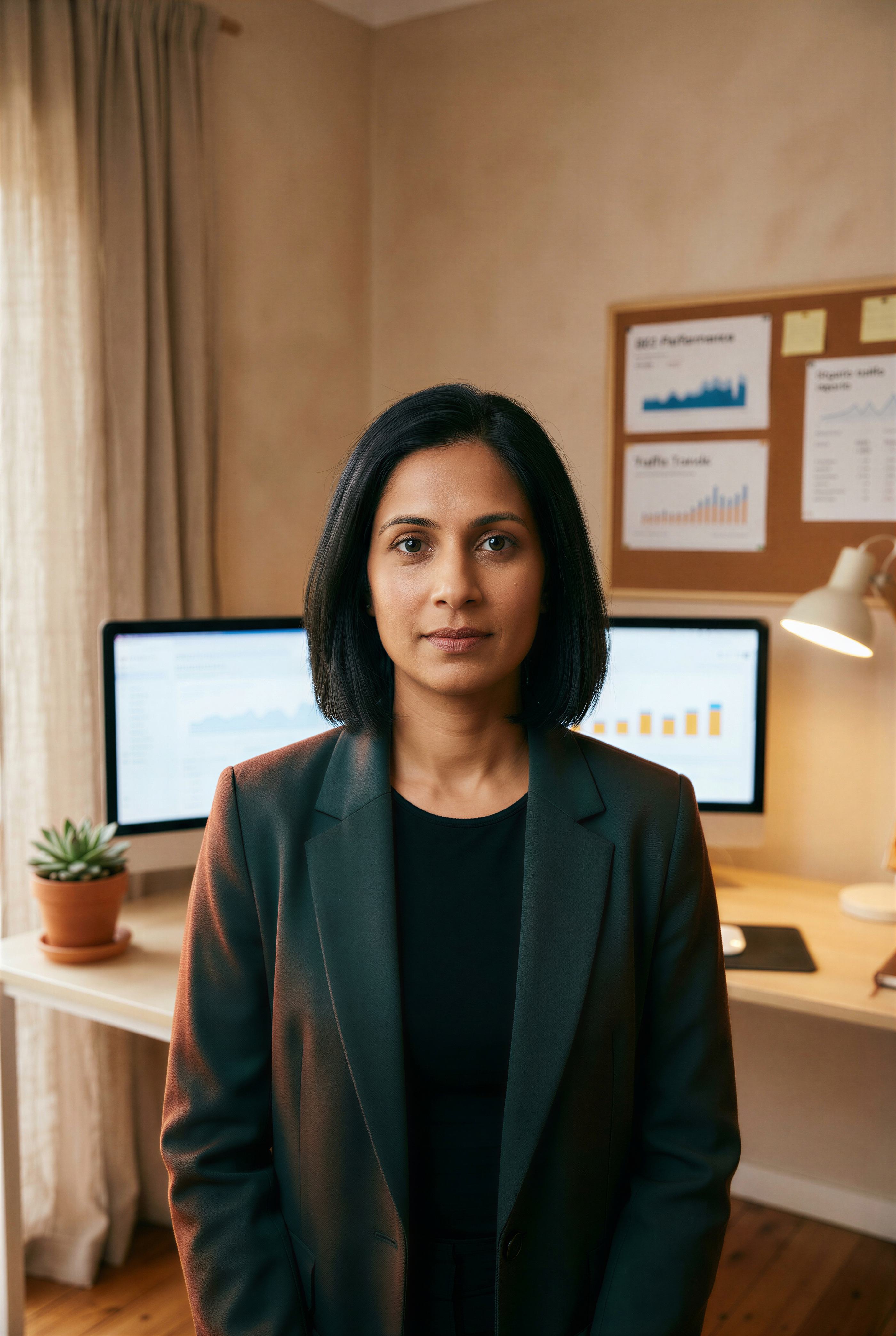 Priya, the studio’s SEO specialist, who is not a real person: a woman in a dark blazer standing in a home office, two monitors behind her showing traffic charts, a corkboard of printed reports on the wall, a desk lamp, a small plant and a linen curtain.