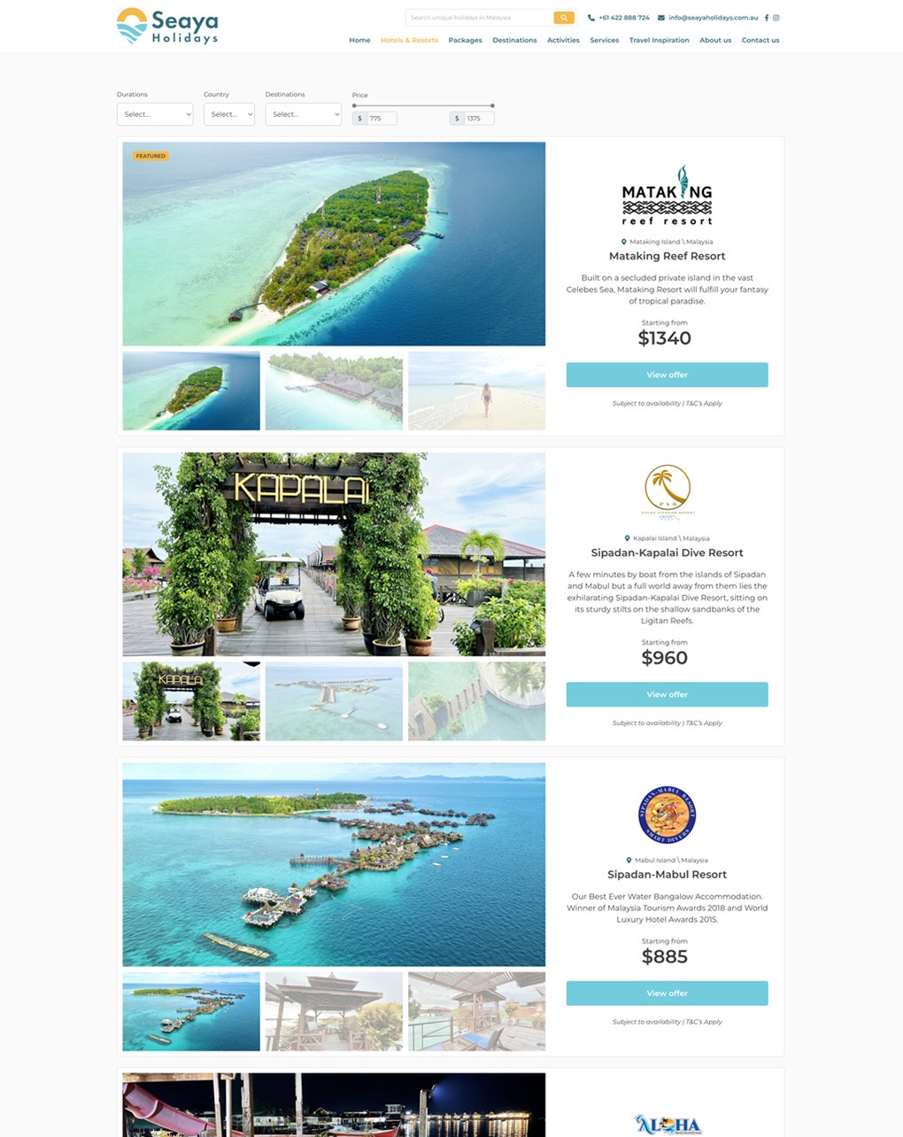 The live Seaya Holidays Hotels and Resorts page: a price filter set from 775 to 1375 dollars above four resort cards, each with a large photograph, three smaller ones, the resort name and island, a short description, a starting price of 1340, 960, 885 and 775 dollars, and a View offer button.