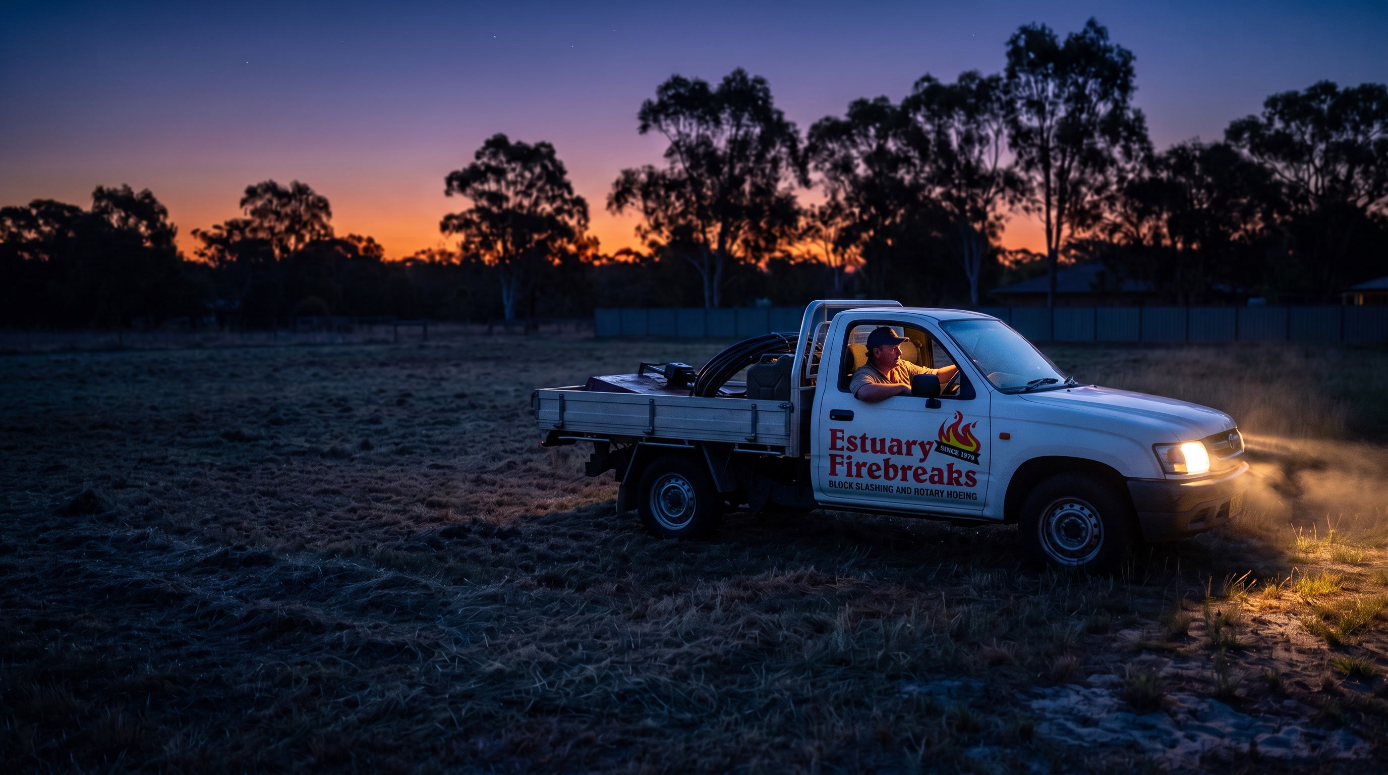 An old white ute parked on a freshly slashed block outside Mandurah at the end of the afternoon, gums behind it, the Estuary Firebreaks mark signwritten on its door above the words Block Slashing and Rotary Hoeing.