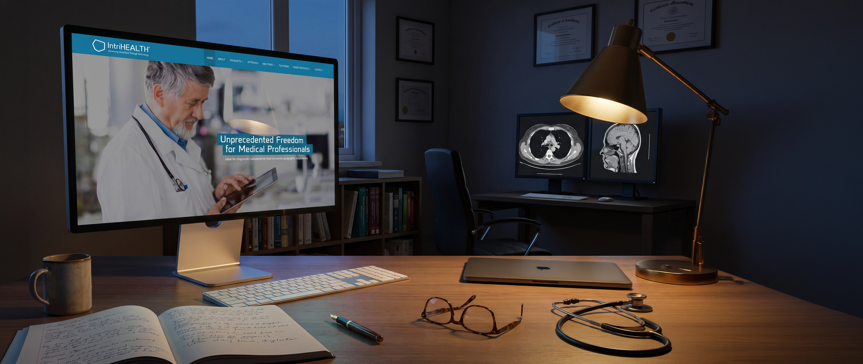 A radiologist's office in the evening, lit by a brass desk lamp and the screen. The IntriHEALTH site is open on a large display, with an open notebook, reading glasses and a stethoscope on the desk, framed certificates and medical texts behind, and two clinical monitors showing greyscale scans on a side bench.