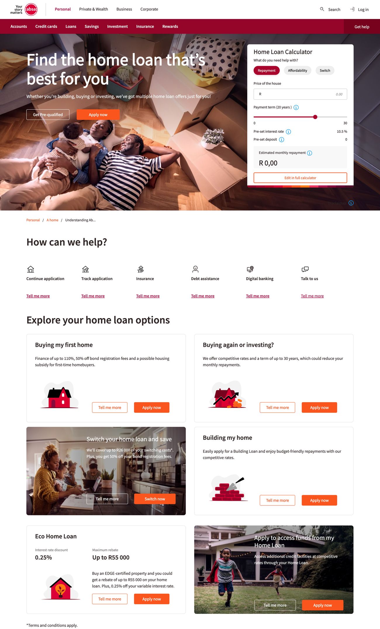 Absa's home loans page, a family among moving boxes beneath the headline Find the home loan that's best for you.