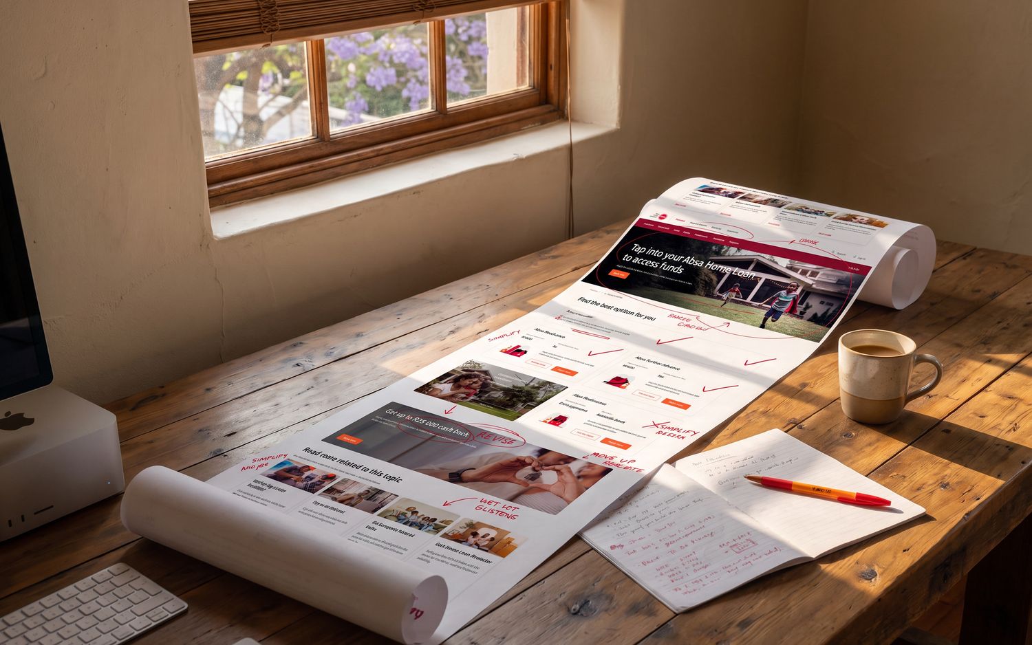 An entire Absa home loans page printed as one long scroll, rolled at both ends and unrolled across a reclaimed timber desk in a studio, marked up in red pen with revise, simplify and move up, beside an open notebook and a red pen, with a jacaranda in blossom through the window.