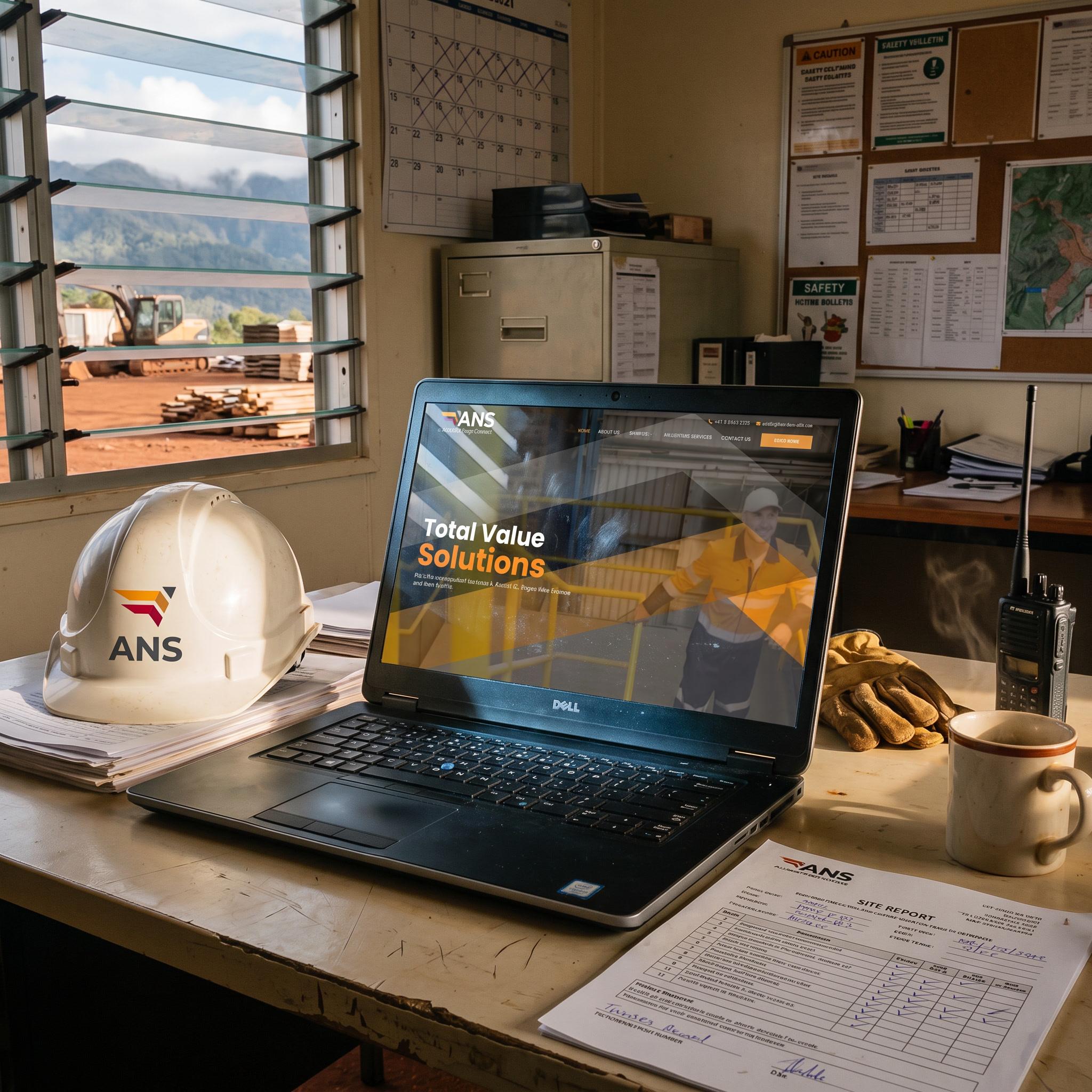 The ANS website open on a laptop in a site office, a branded hard hat and site paperwork beside it.