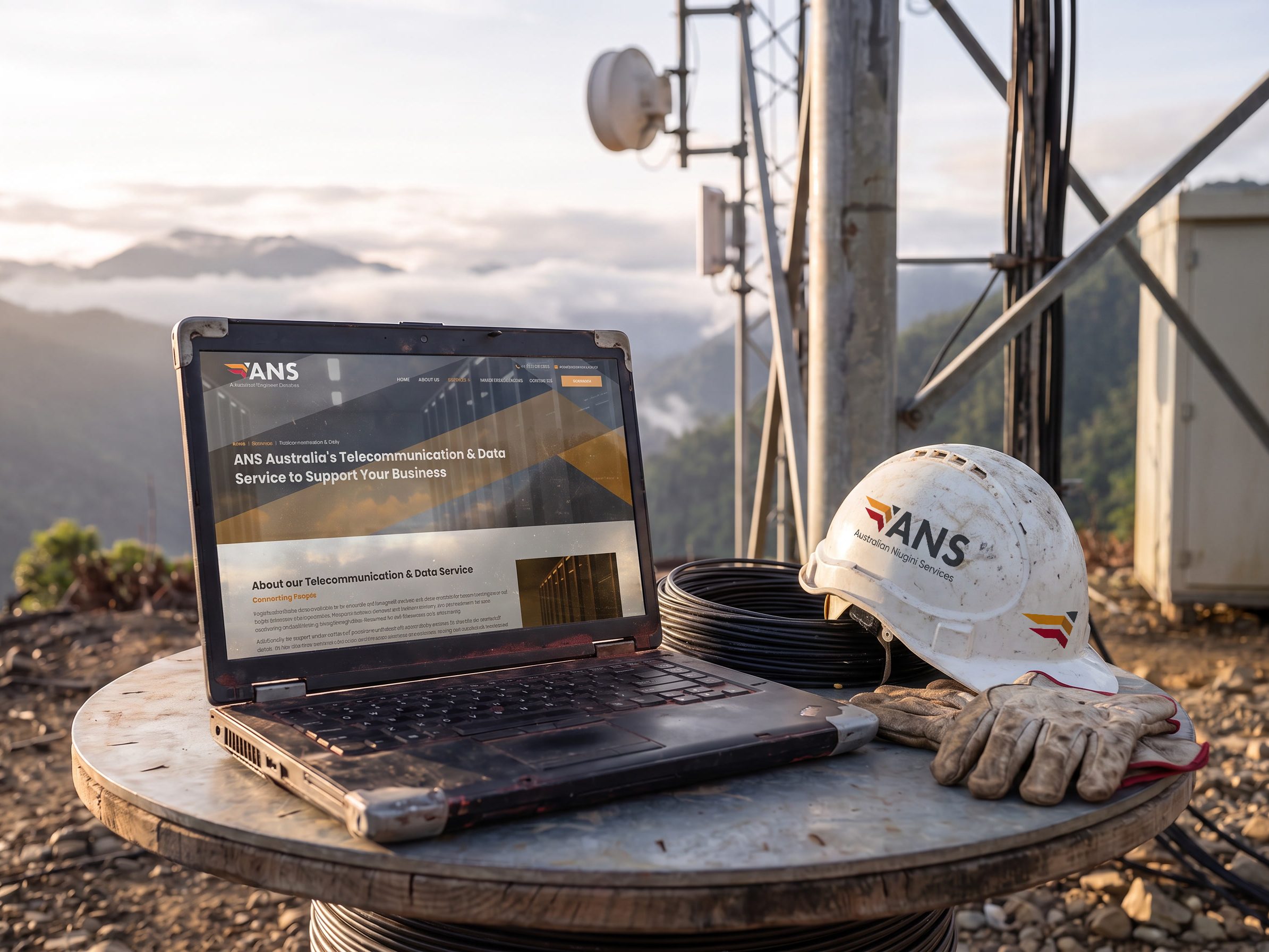 A laptop open on a cable drum at a communications tower, the ANS Telecommunication and Data page on screen.