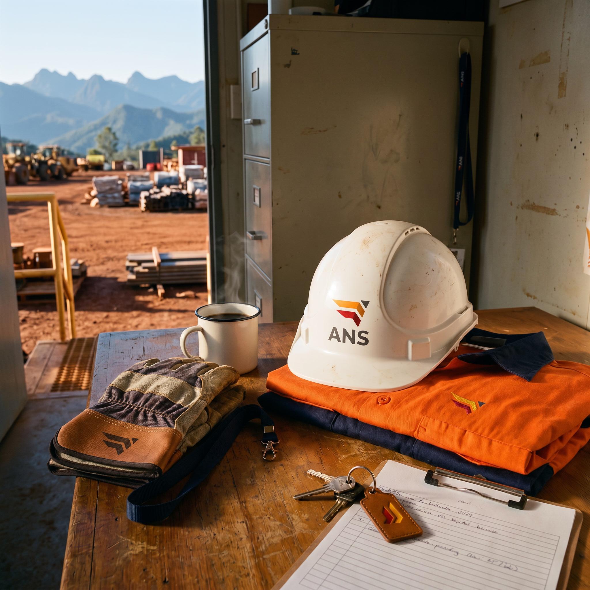 An ANS hard hat, folded hi-vis and gloves on a site office desk, an open-cut mine beyond the door.