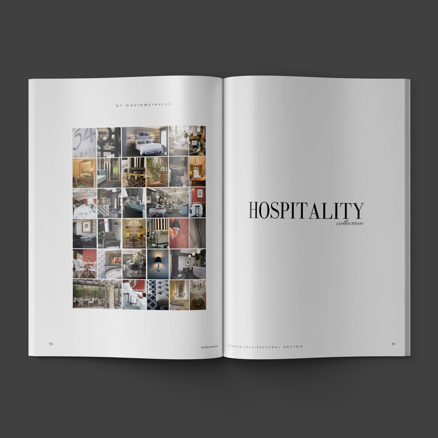 The Hospitality collection divider in the monograph, a grid of project photographs facing the section title.