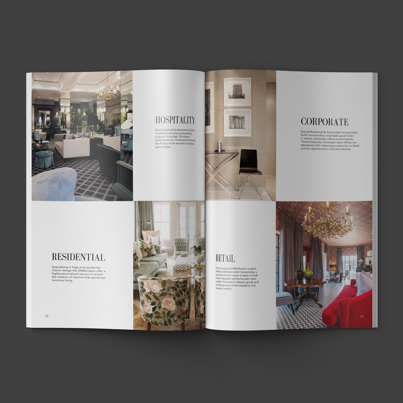 An open book spread dividing the practice into residential, retail, hospitality and corporate.
