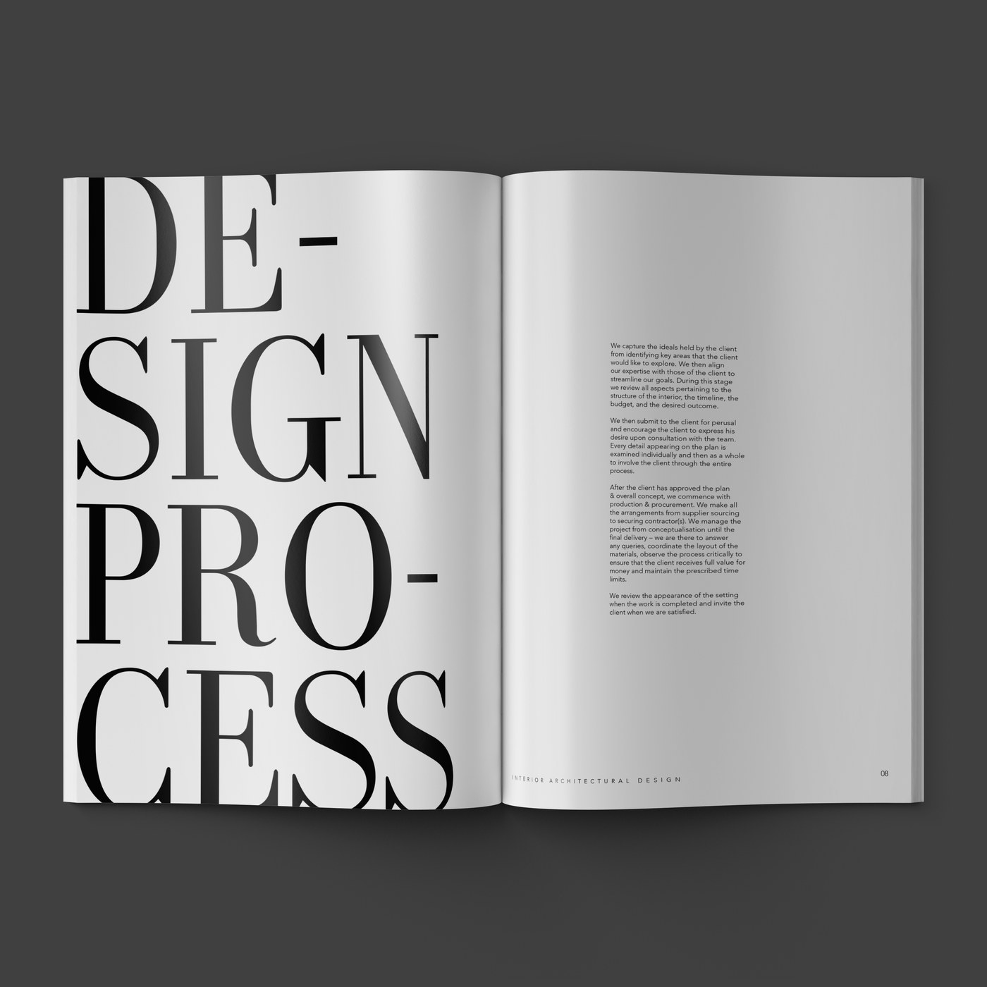 The Design Process spread from the David Muirhead monograph, the words set very large across the left page.