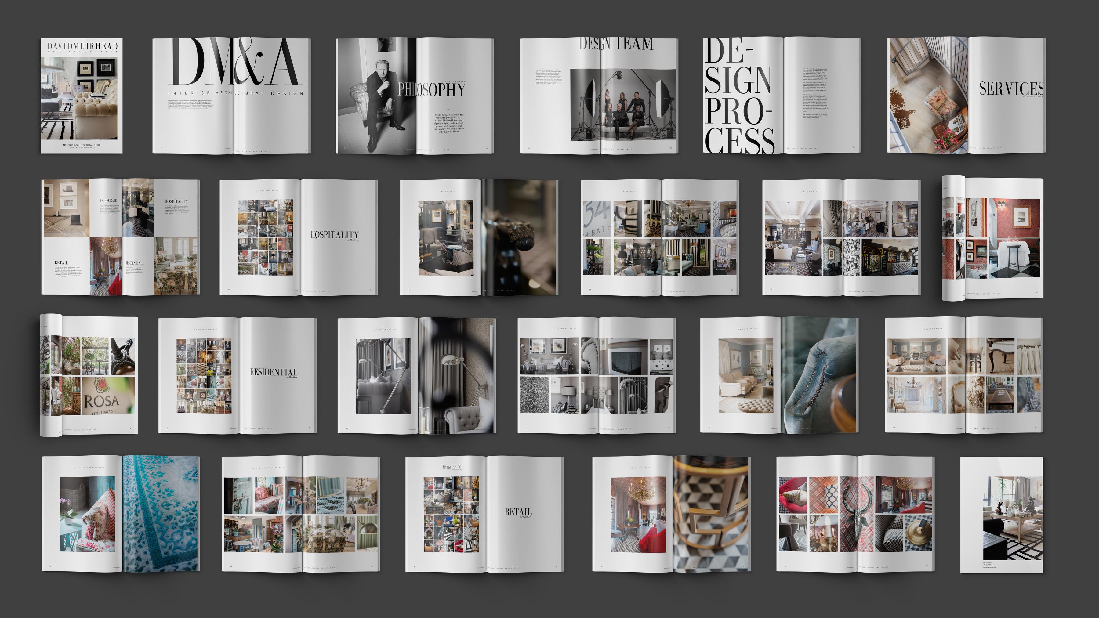 A flat-lay grid of interior spreads from the David Muirhead coffee-table book.