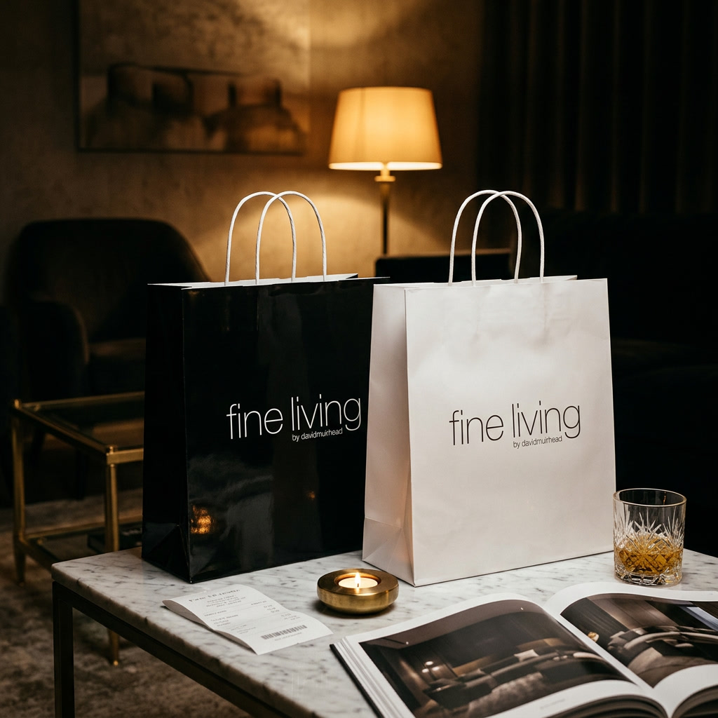 Black and white Fine Living carrier bags standing on a marble table in the showroom.