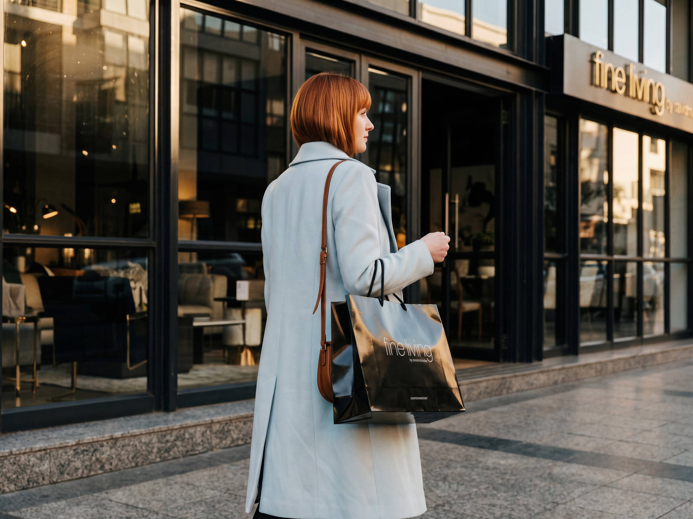 A woman in a pale blue coat carrying a Fine Living bag past the Sandton storefront, the shop sign above her.