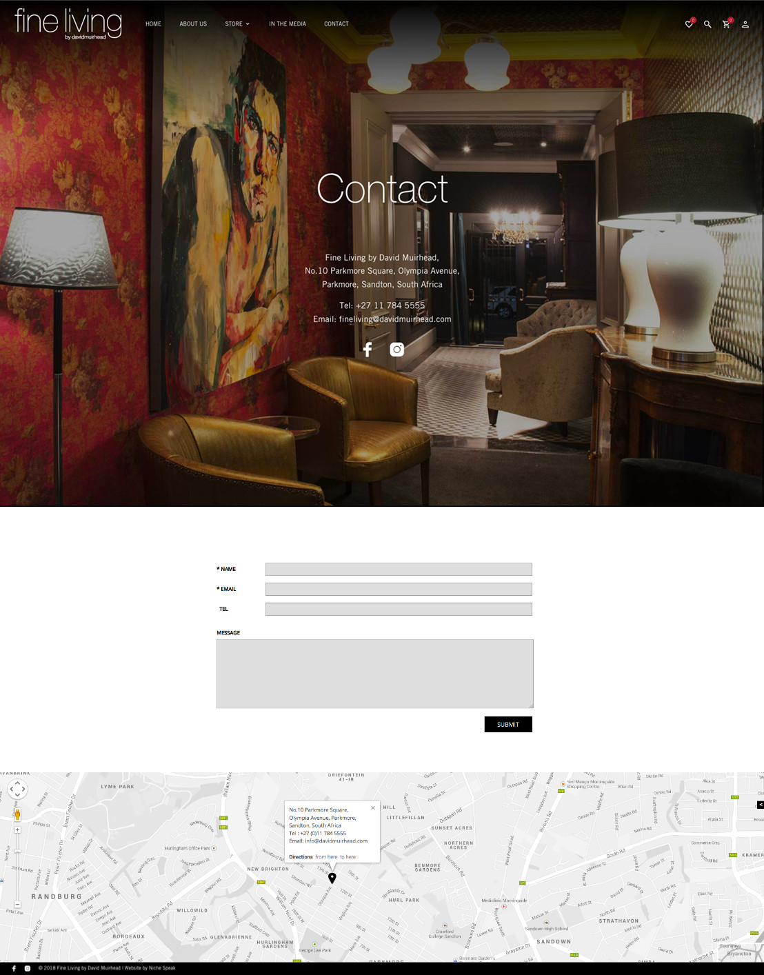 Contact. Parkmore showroom interior and map.