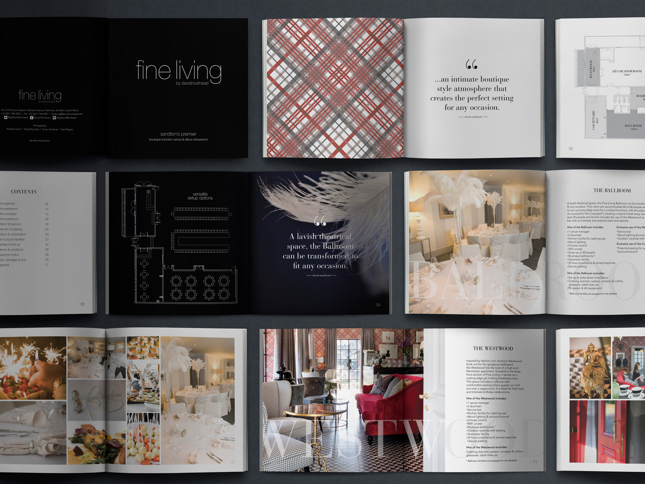 A grid of spreads from the Fine Living function-venue brochure: the cover, a pull quote, floor plans of the ballroom and boardroom, and photographed rooms.
