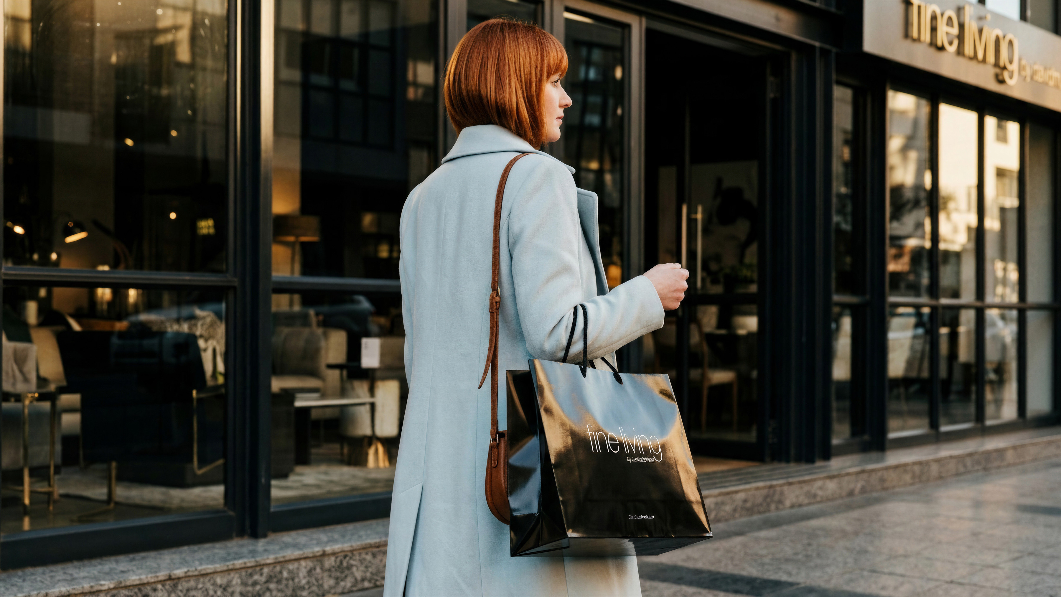 A woman carrying a Fine Living shopping bag past the Sandton storefront in daylight.