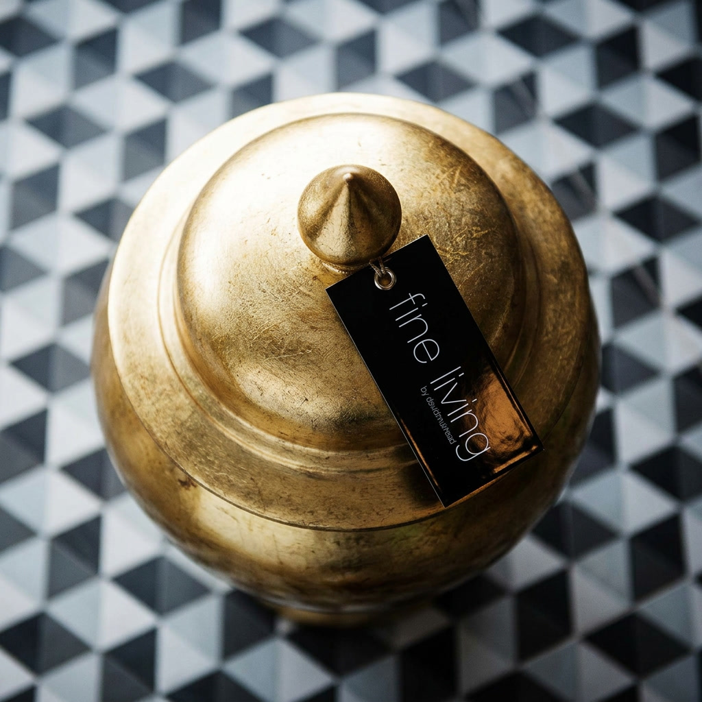 A Fine Living product swing tag on a gold-leaf urn.