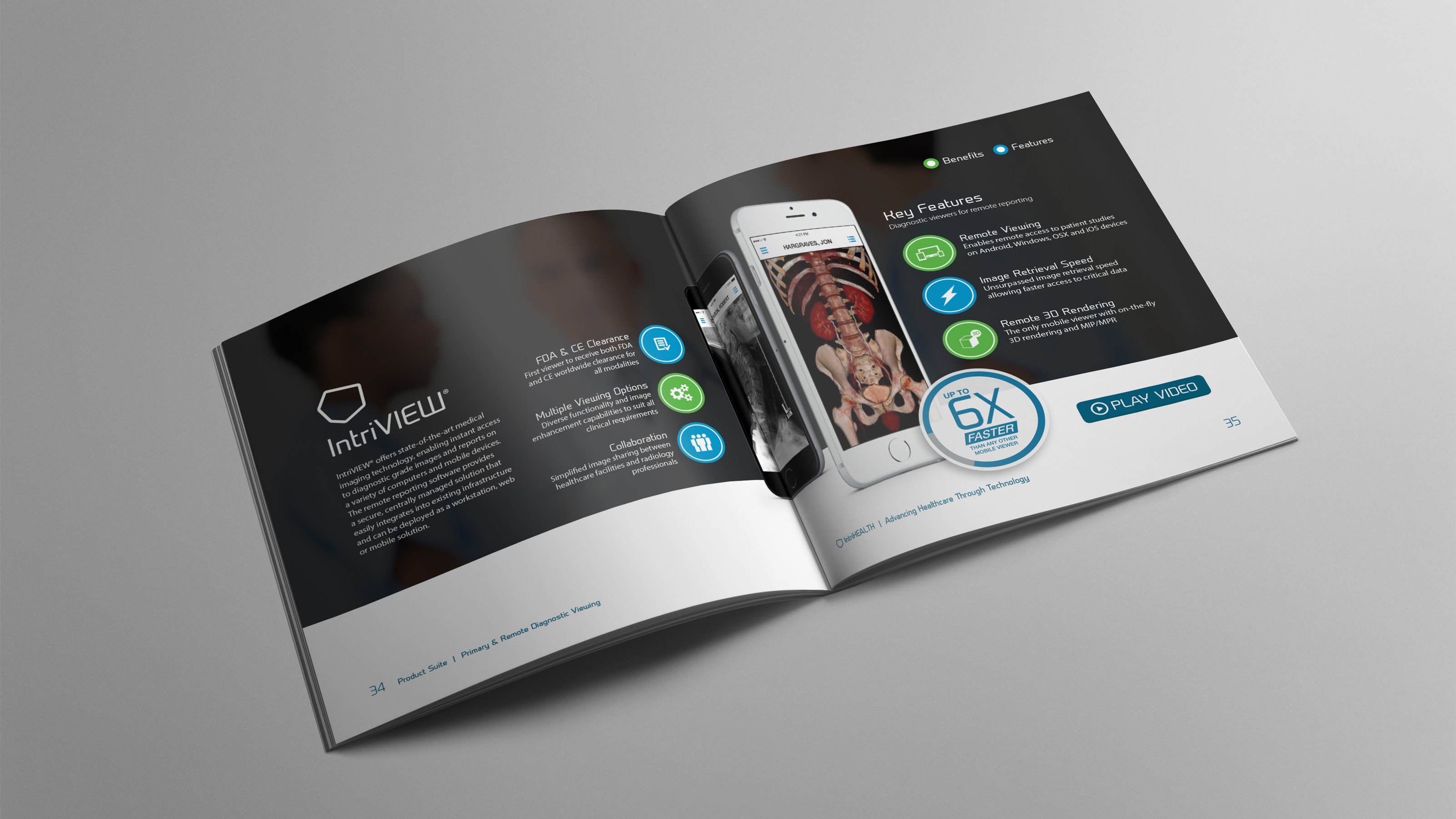 The IntriHEALTH brochure open at an angle on the IntriVIEW spread, showing the square format.