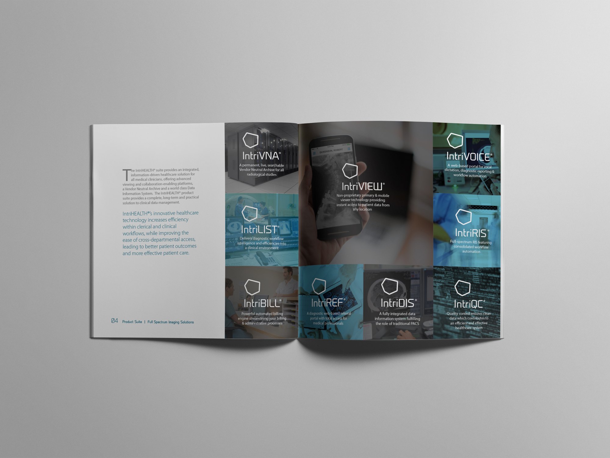 The IntriHEALTH brochure open on the product suite spread, the whole range shown as one grid.