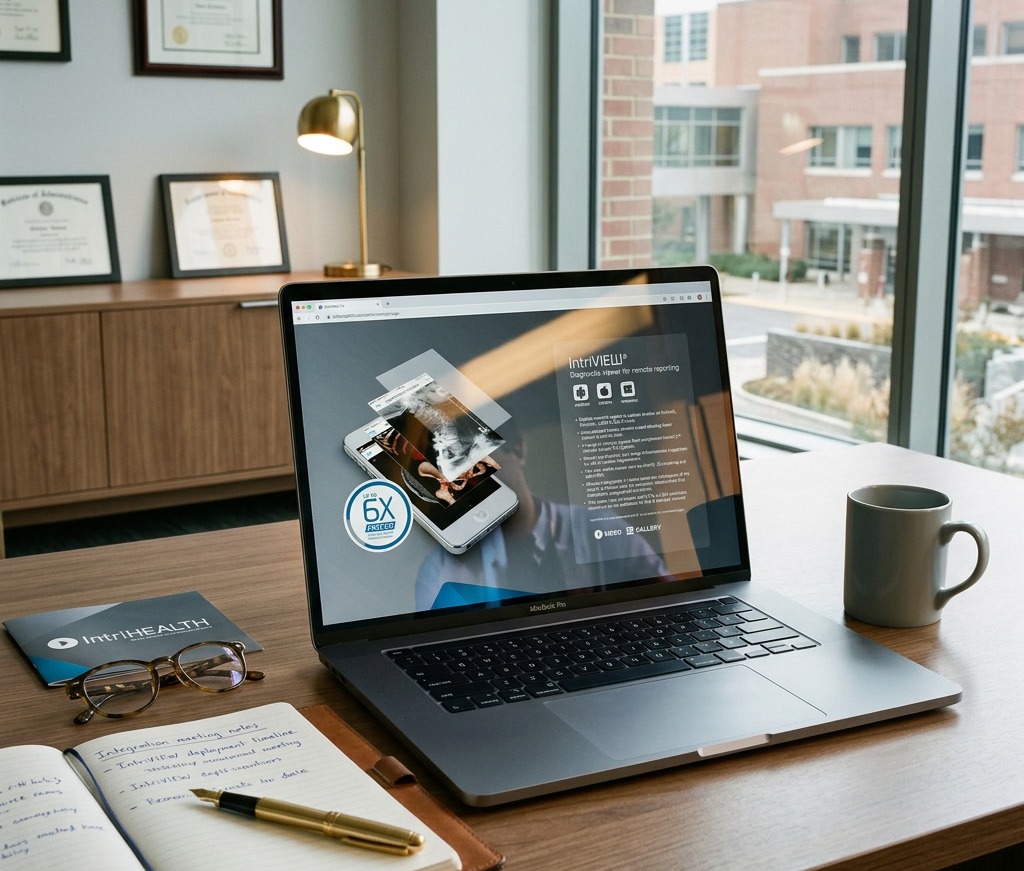 A laptop on a desk in a hospital administration office, the IntriVIEW page open on it, an IntriHEALTH brochure and a notebook beside it and the hospital through the window.