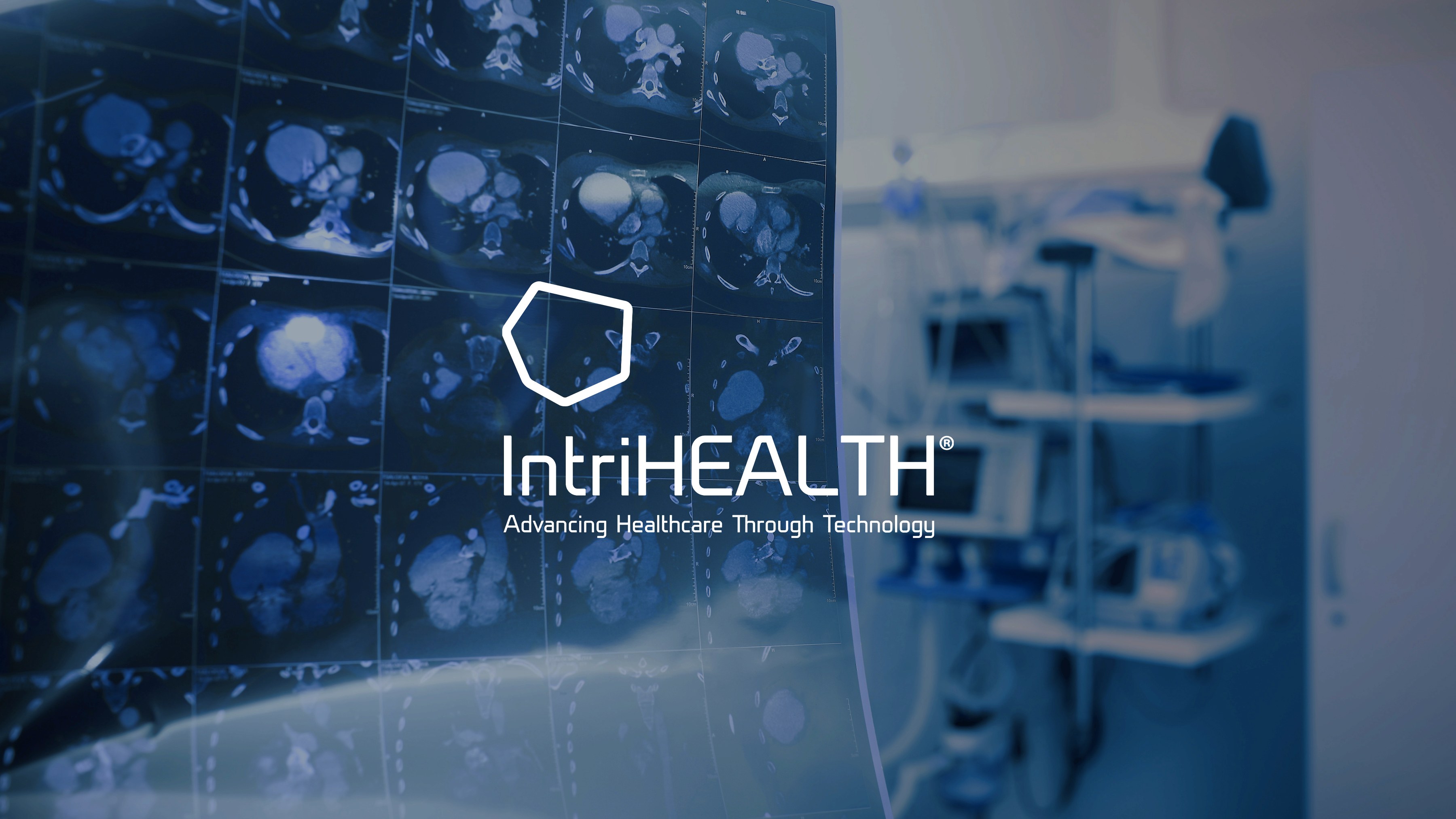 A sheet of CT slices held against a clinical interior, the IntriHEALTH mark over it.