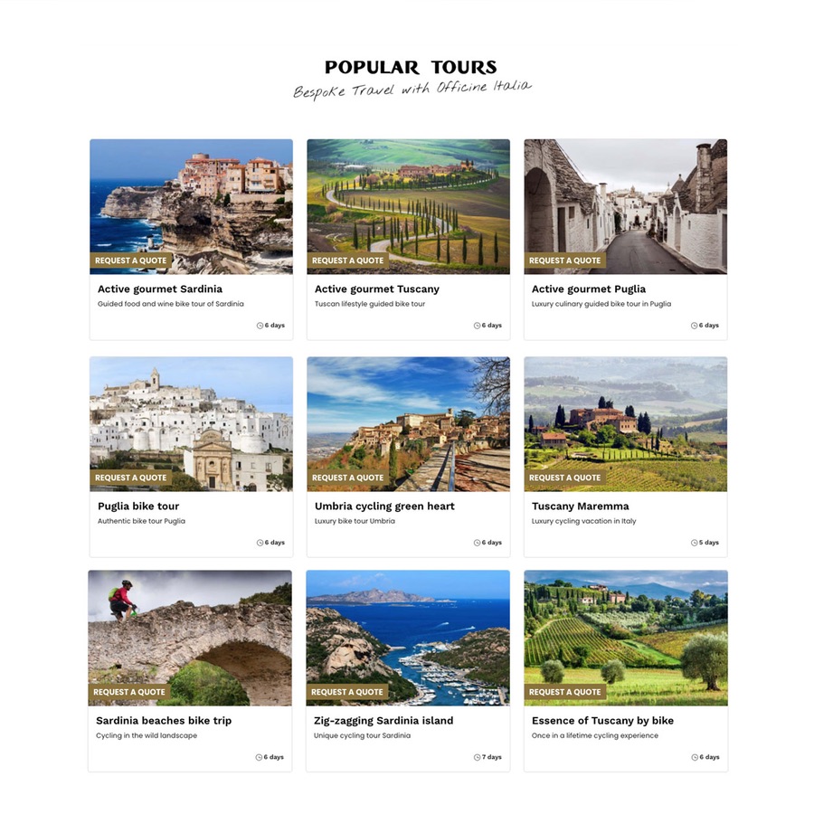 The Popular Tours screen: nine bespoke trips across Sardinia, Tuscany, Puglia and Umbria.