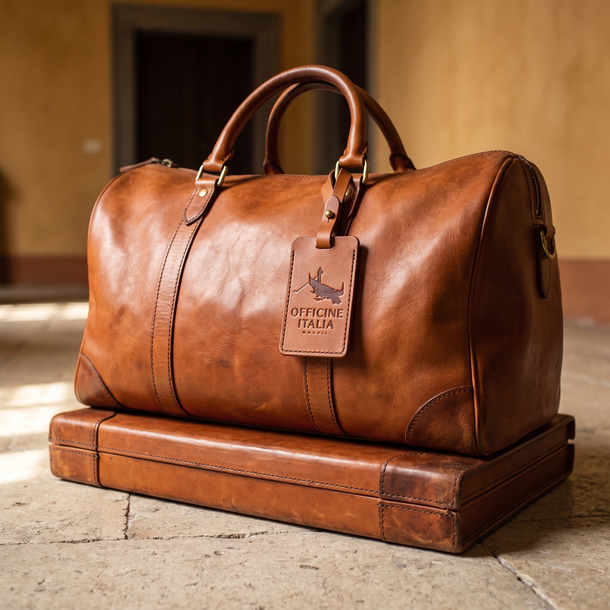 A stacked set of tan leather luggage, the Officine Italia mark blind debossed into the hanging tag.