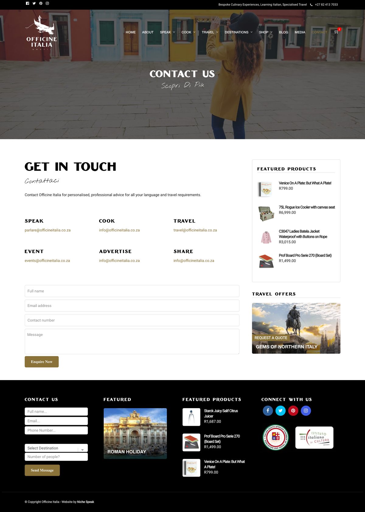 Contact. Six addresses: speak, cook, travel, event, advertise, share.