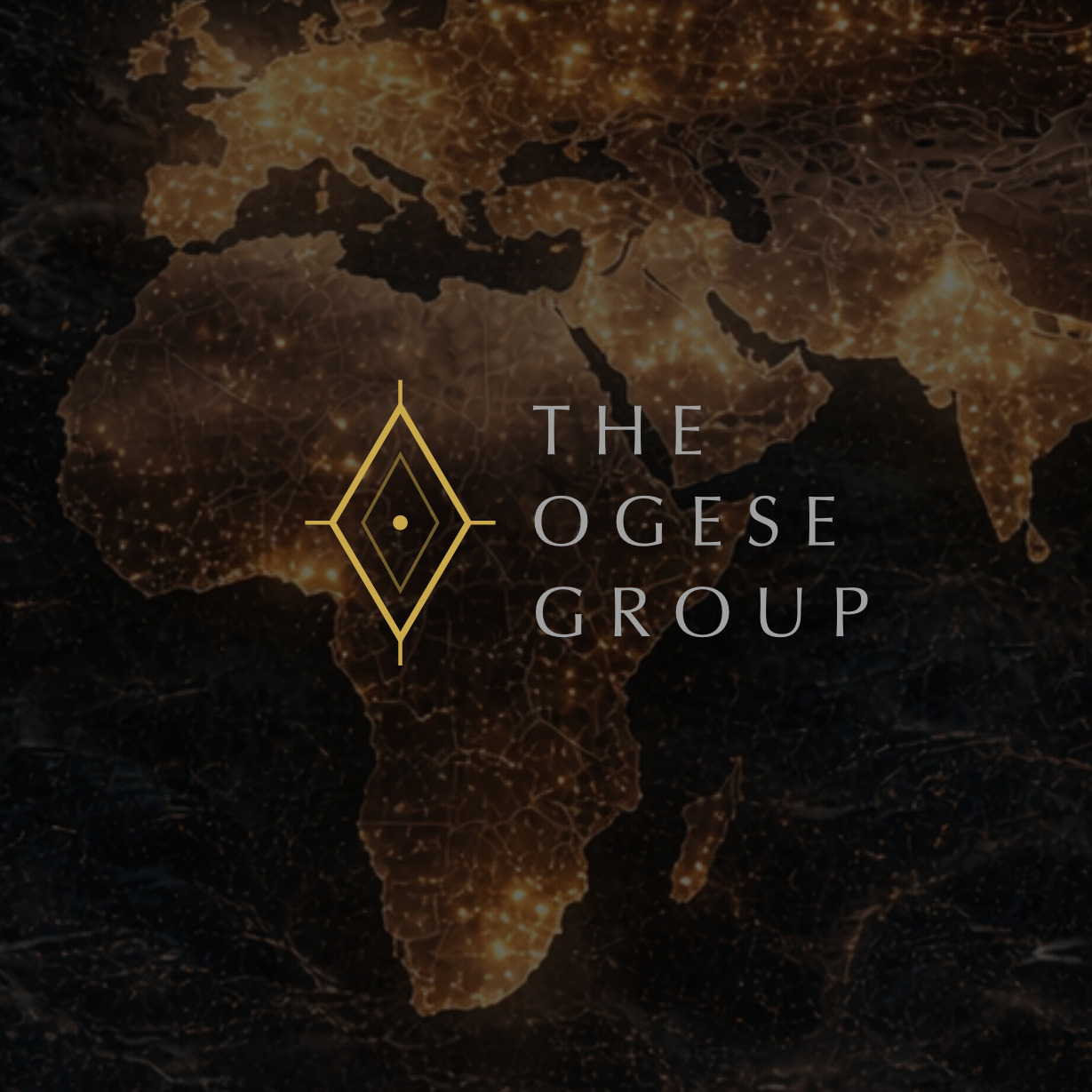 The Ogese Group wordmark in gold over a dark world map traced with city lights.