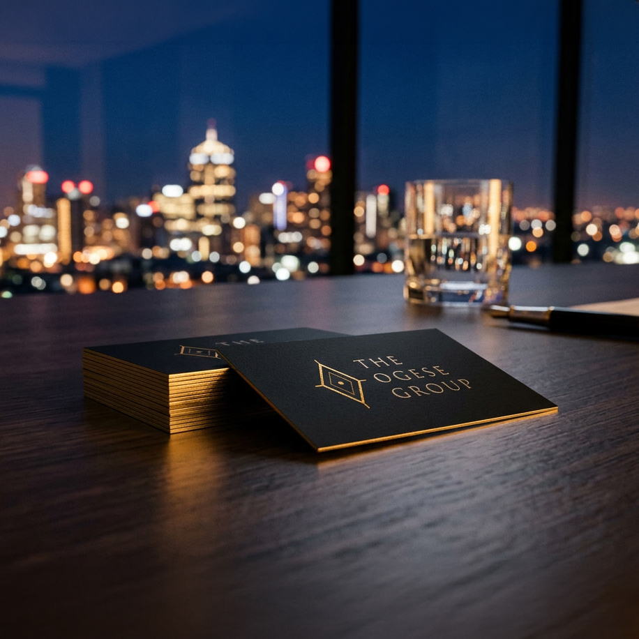 A stack of Ogese Group business cards in black with gilded edges, the monogram picked out on the top card in clear UV varnish, a lit Sandton skyline through the window behind.