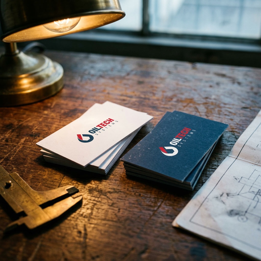 Oiltech Systems business cards stacked, navy and red on white.