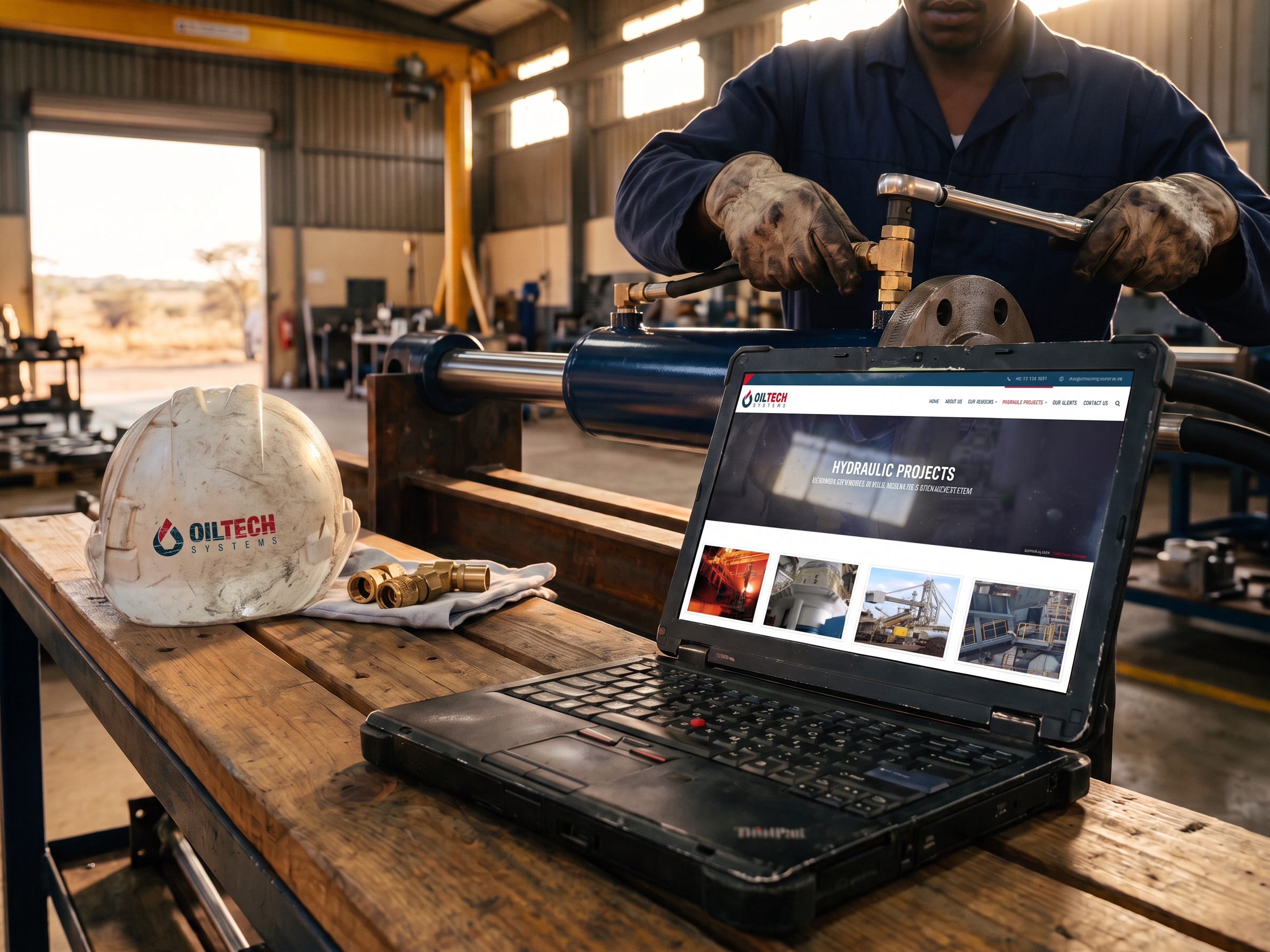 A worn Oiltech hard hat on a workshop bench beside a laptop showing the Oiltech Systems site, a fitter working on a cylinder behind.