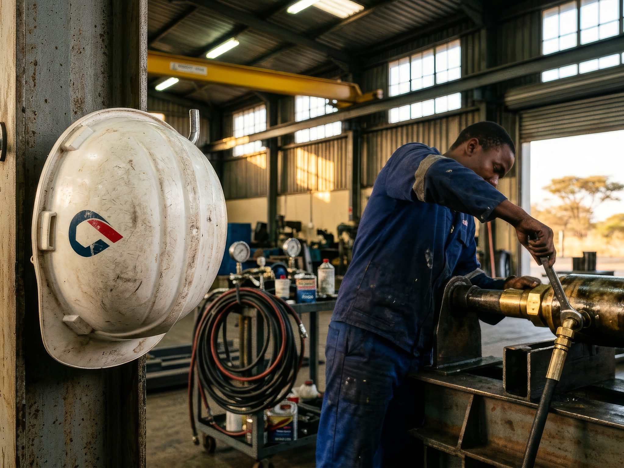 A fitter assembling a hydraulic cylinder, an Oiltech hard hat hanging on the column beside him.