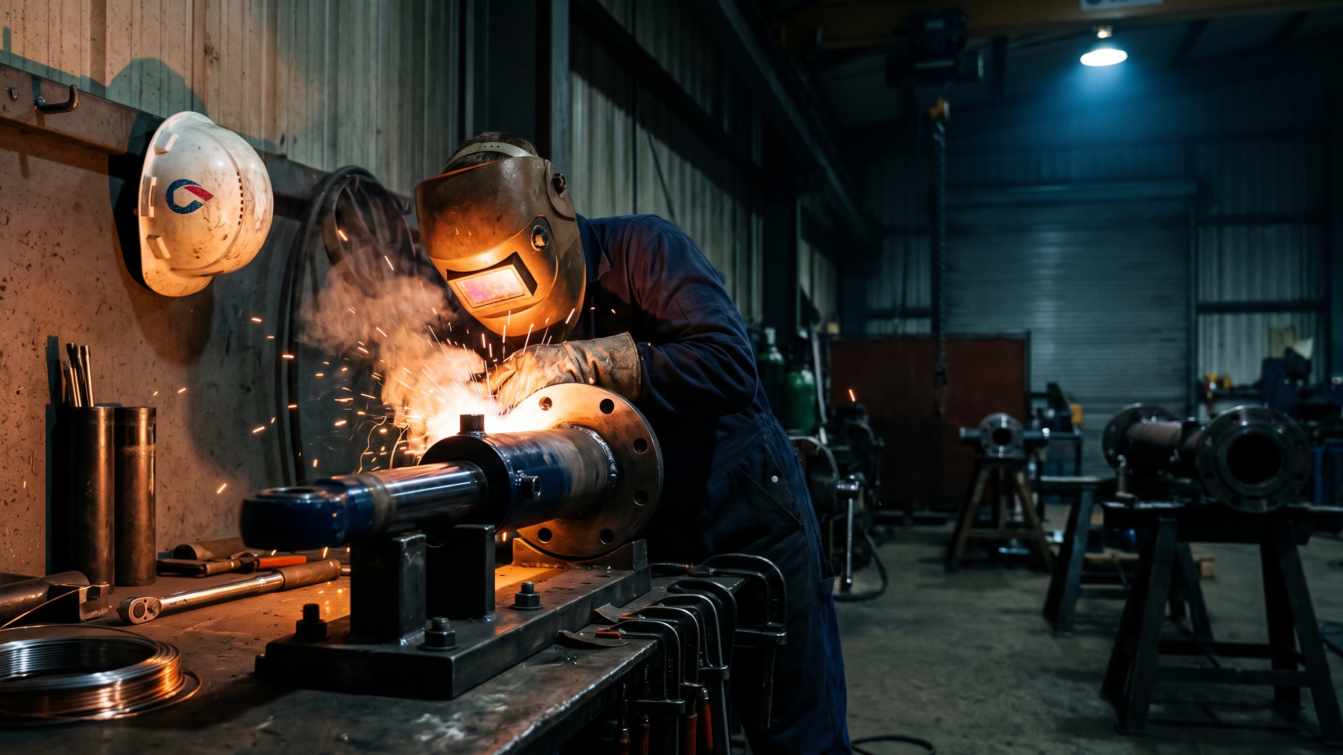 A fabricator in a brass welding mask joining a hydraulic cylinder flange, sparks lighting the bench and a white Oiltech hard hat hanging on the wall behind.