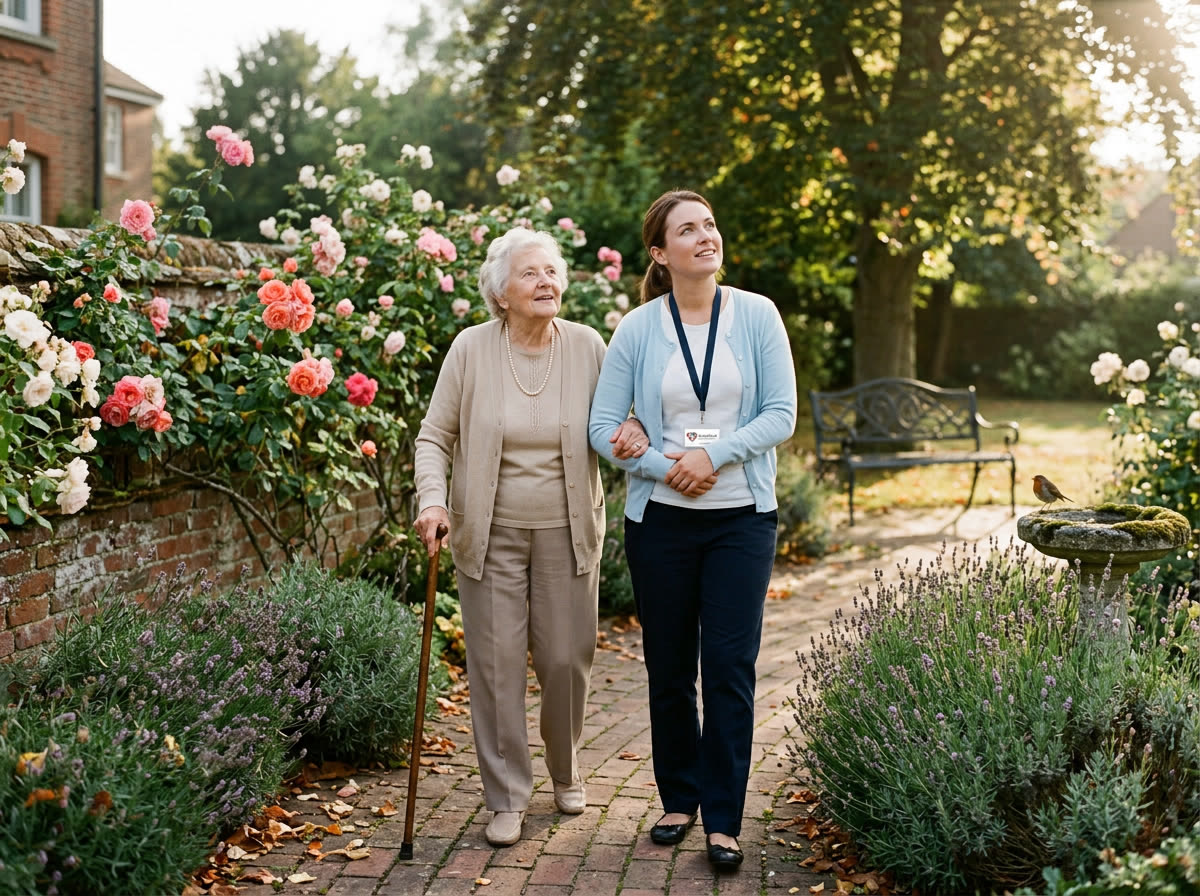 A support worker walking through a garden beside an older woman, the work the agency places.