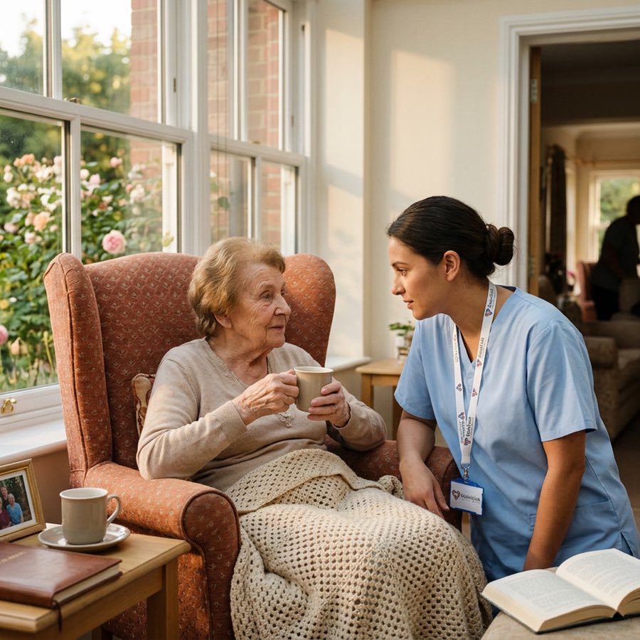 A carer in blue scrubs talking with an older woman in a care home day room, the Social Link badge on her lanyard.