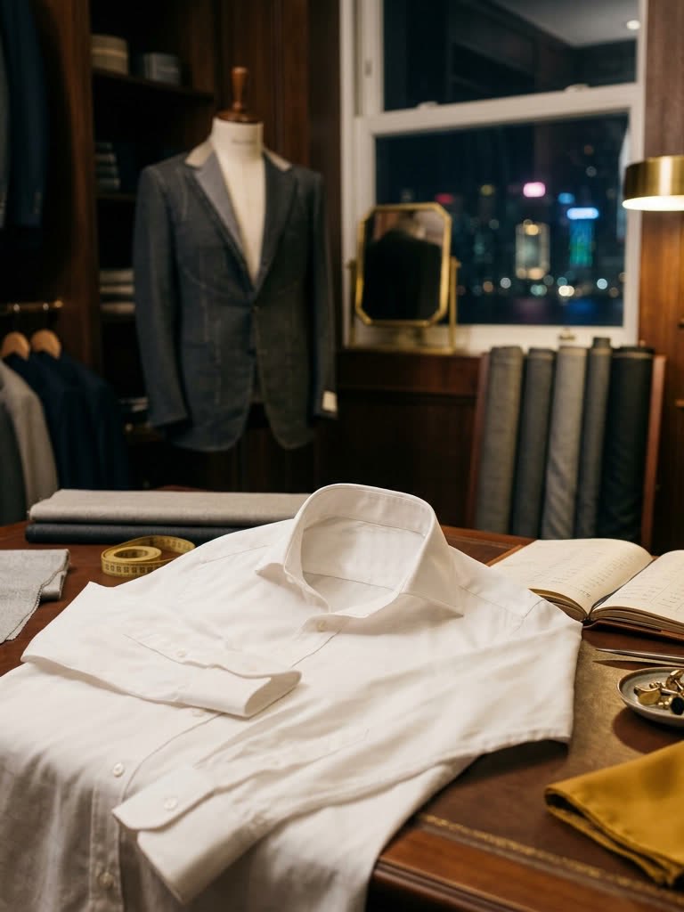 A pressed white shirt and tailoring laid out in a showroom beside a rail of suits.