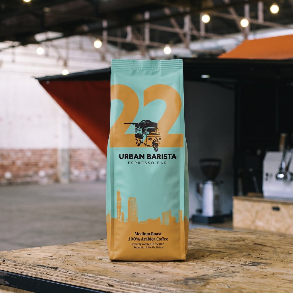 A No. 22 bag standing on the service counter of the espresso cart.