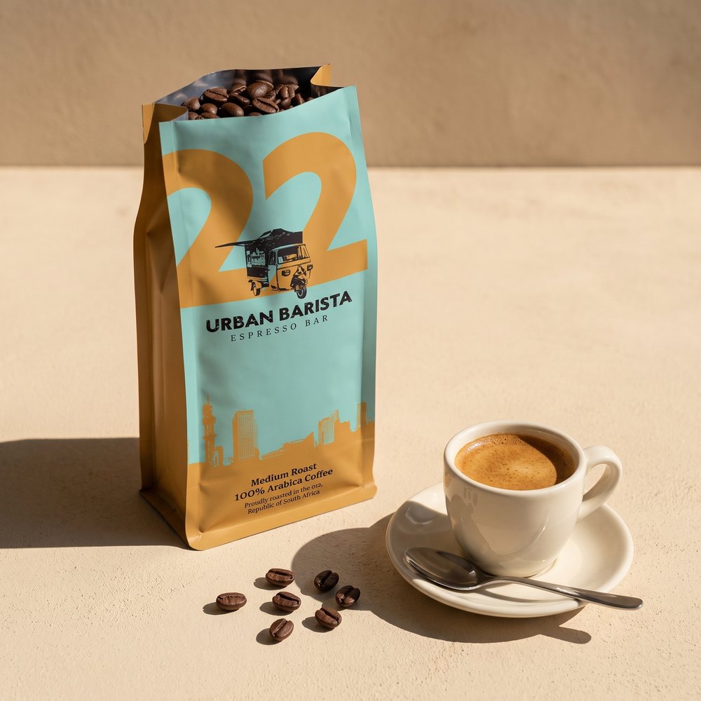 The No. 22 bag open beside a pulled espresso in a white cup.