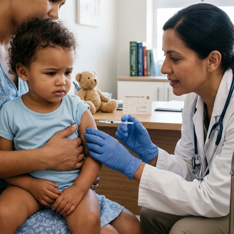 A doctor giving a toddler an injection while the child sits on a parent lap.