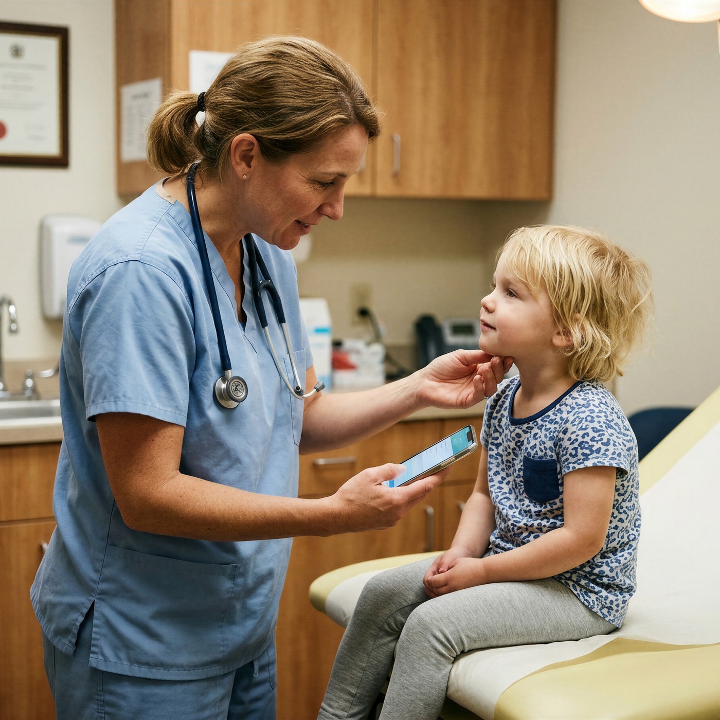 A nurse and a young child in a consulting room during an immunisation appointment.