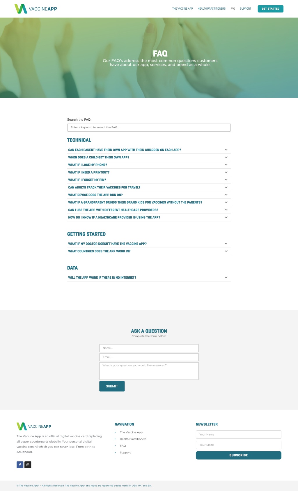 FAQ and Contact. Categorised questions, ask-a-question form.