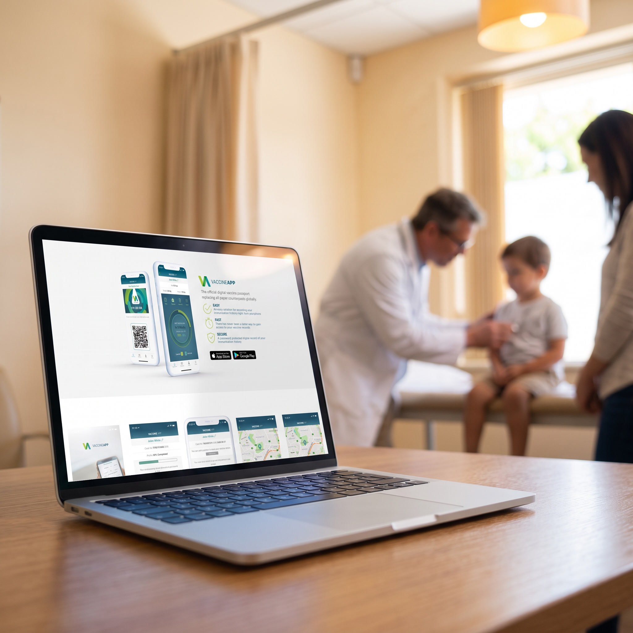 The VaccineApp site open on a laptop in a consulting room, the app shown on two phones.