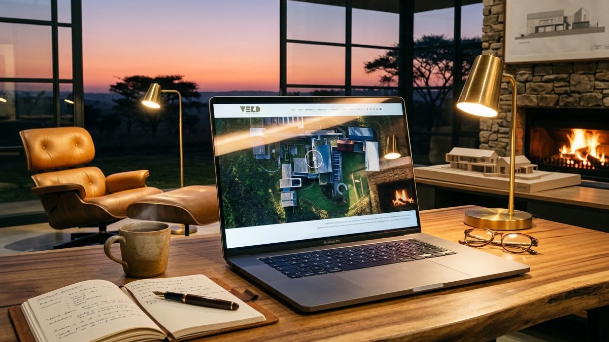 An architect's home office at dusk with the Veld Architects site open on a laptop, savannah sunset through the windows.