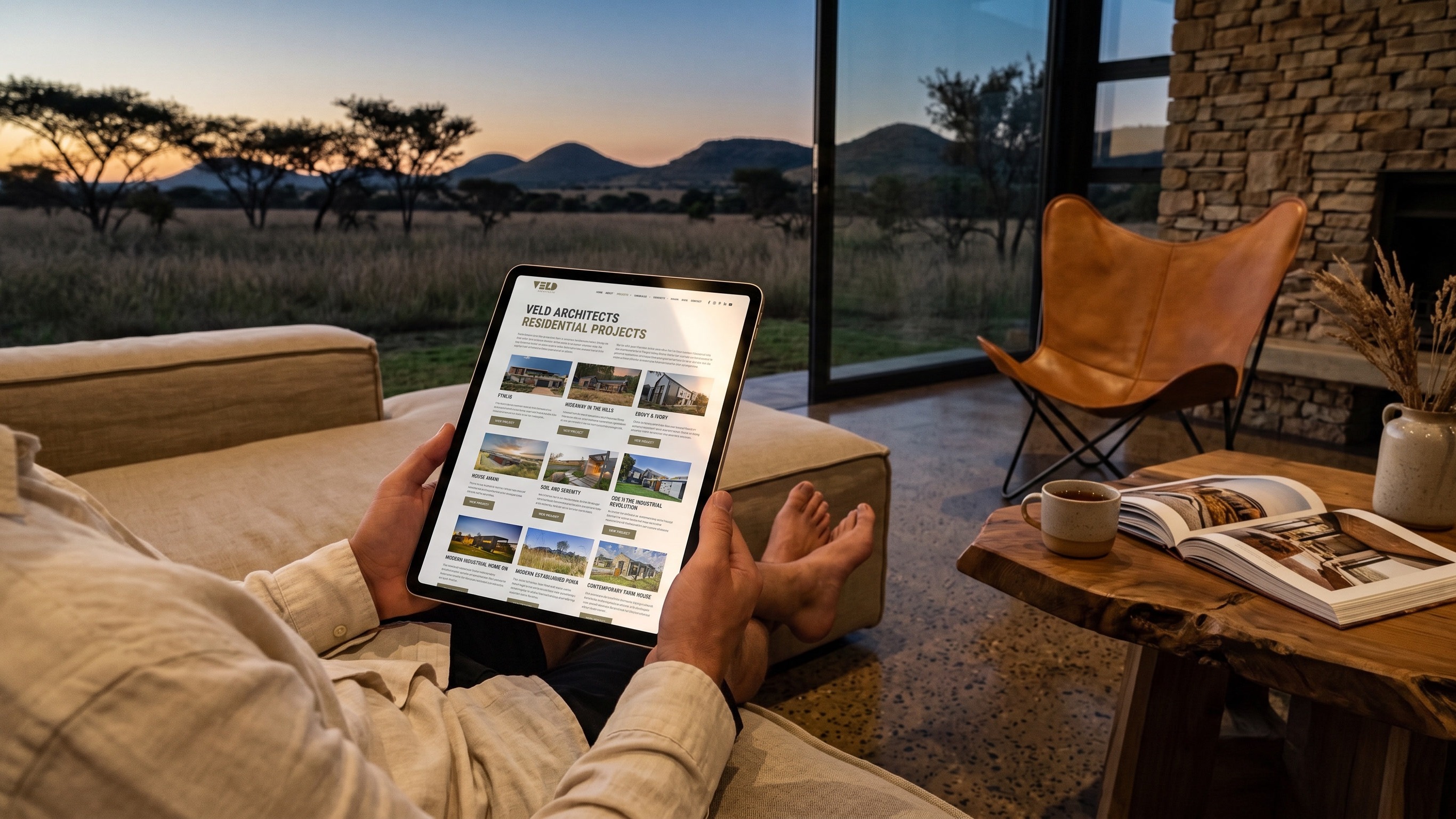 Someone reclining on a sofa at twilight holding a tablet, the Veld Architects residential projects page open on it, the highveld and its hills through the glass behind.