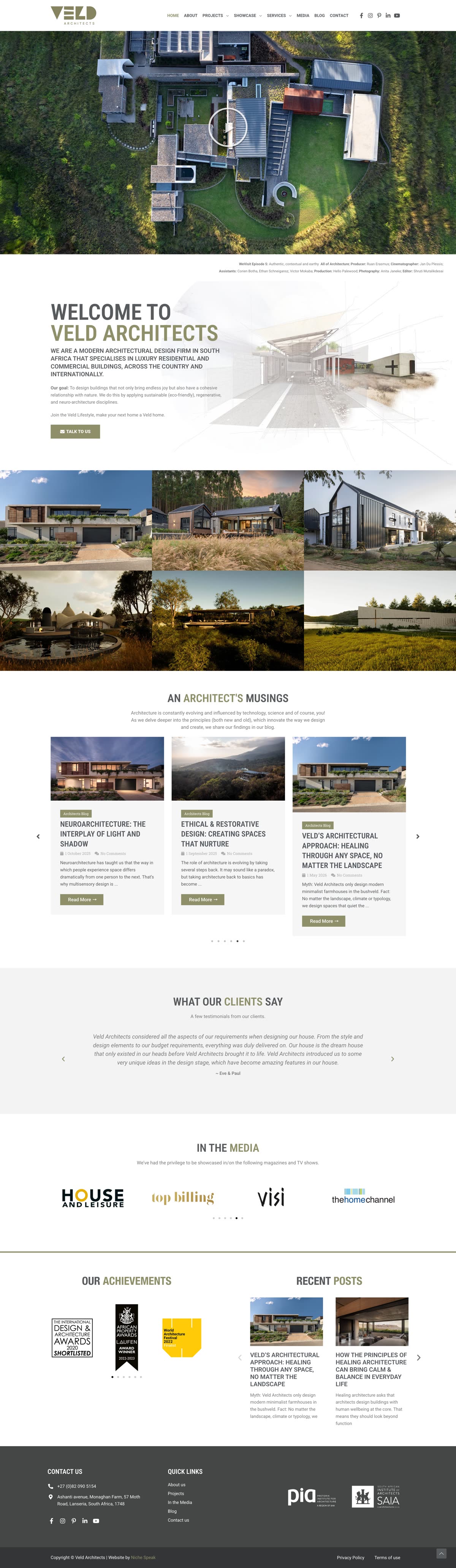 Home. Aerial residential photography, project grid, awards.
